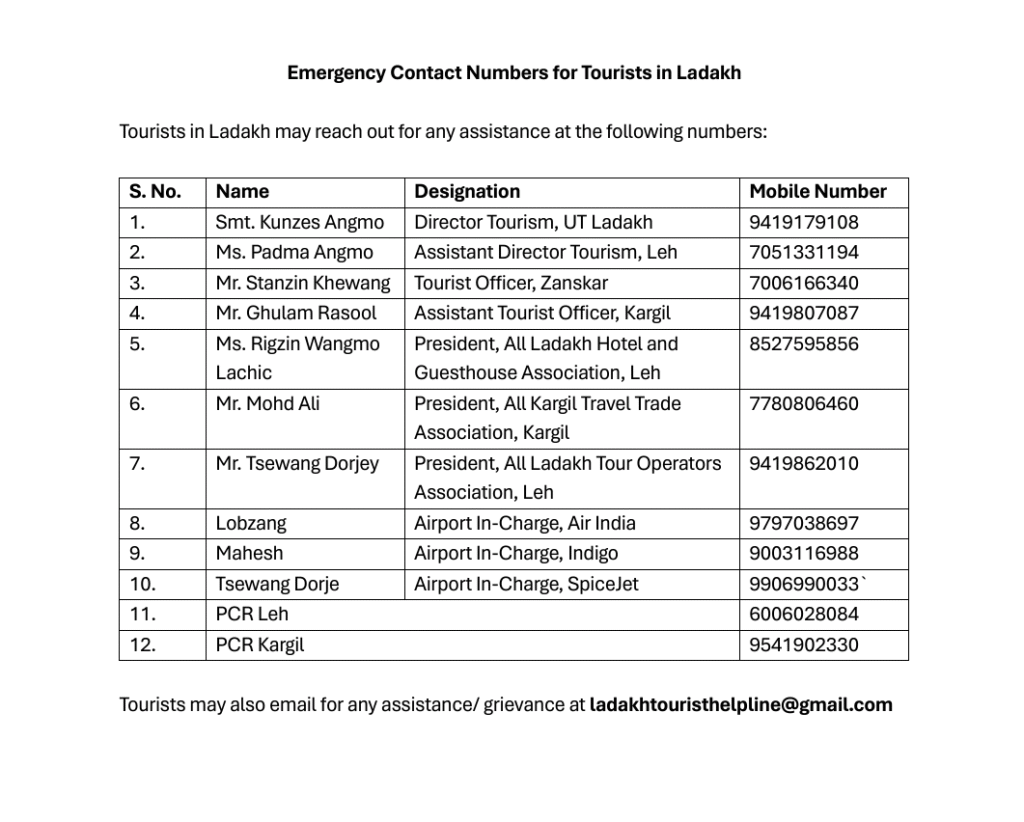 Emergency contacts for tourists issued in Ladakh Emergency contacts for tourists issued in Ladakh