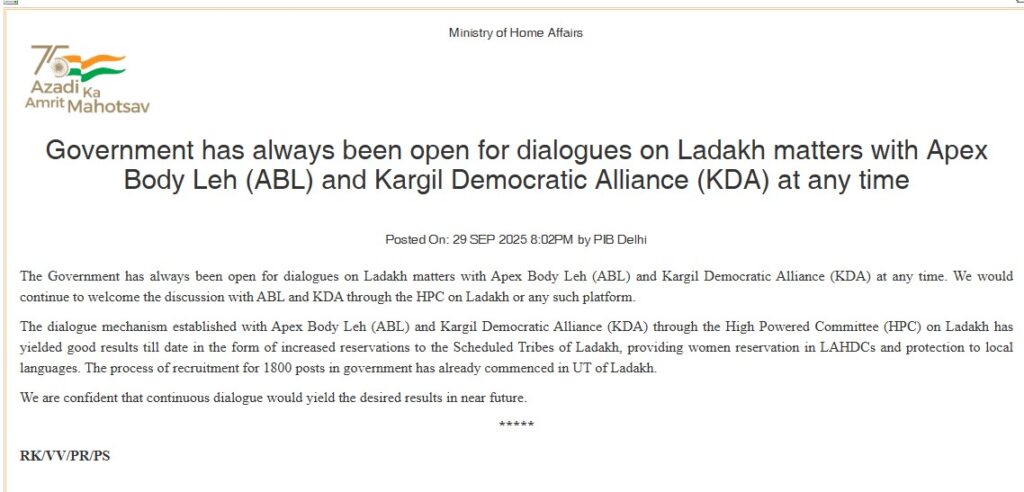 Govt always open to dialogues on Ladakh with LAB, KDA: MHA